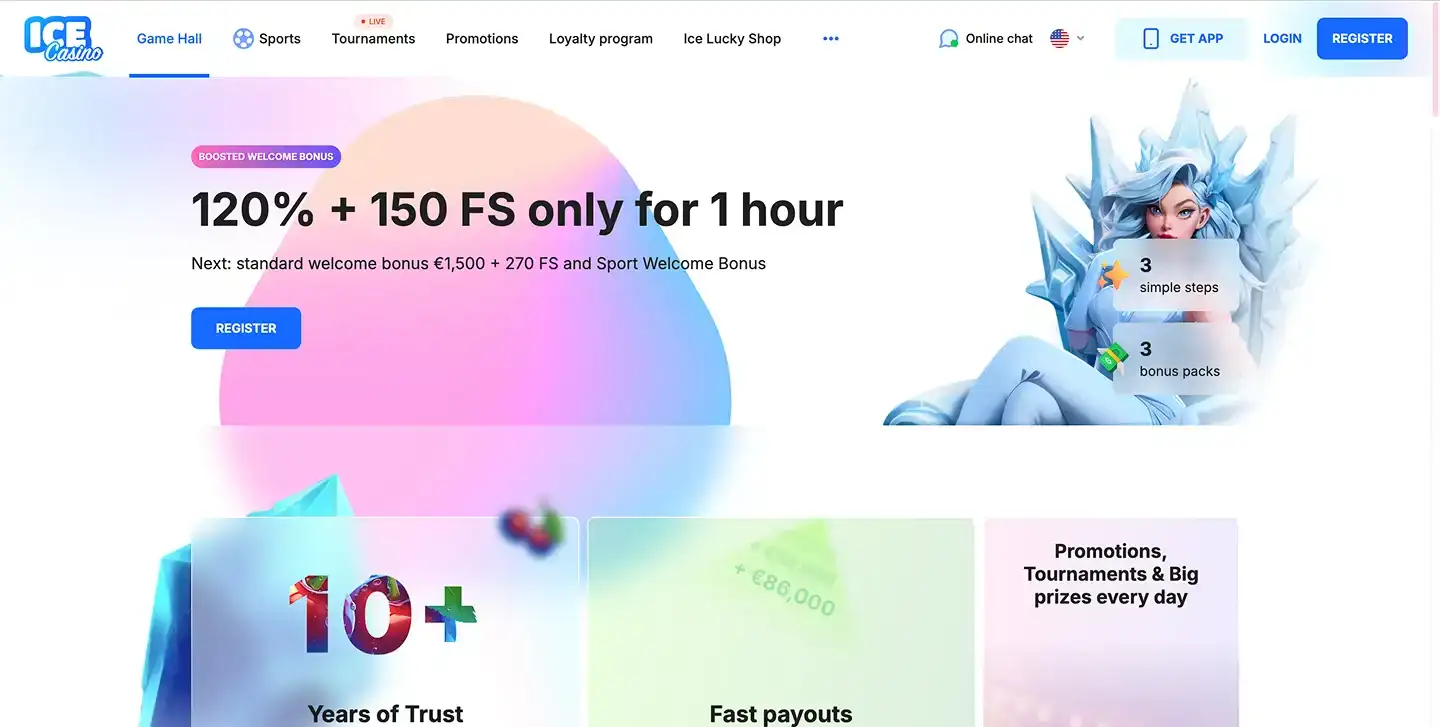 Ice Casino hero section screenshot